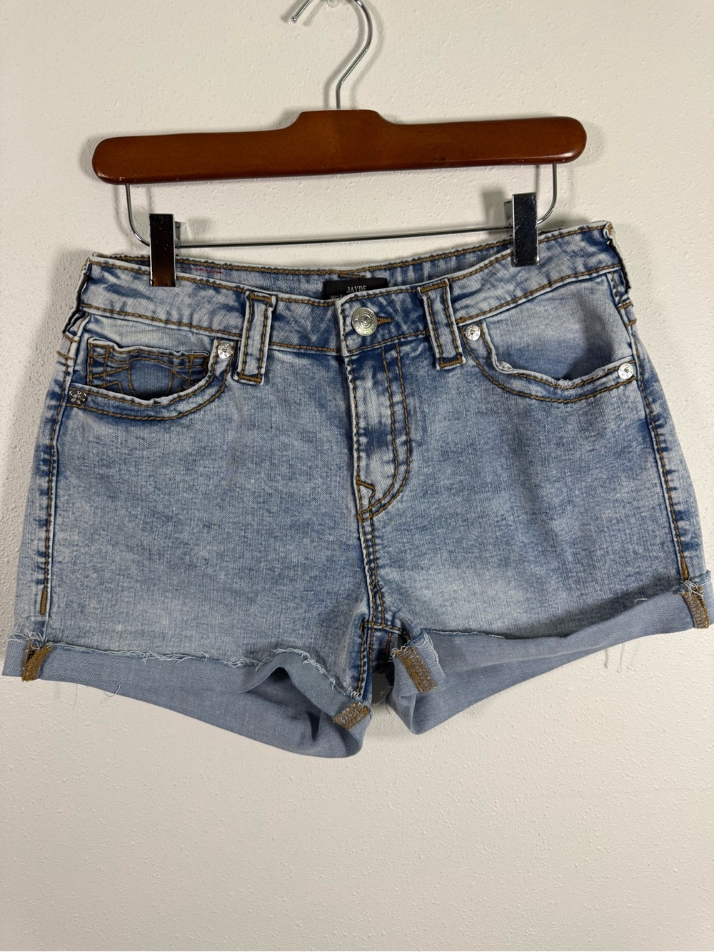 True Religion Jayde Mid Rise Denim Shorts Size 30 Light Wash Cuffed Distressed